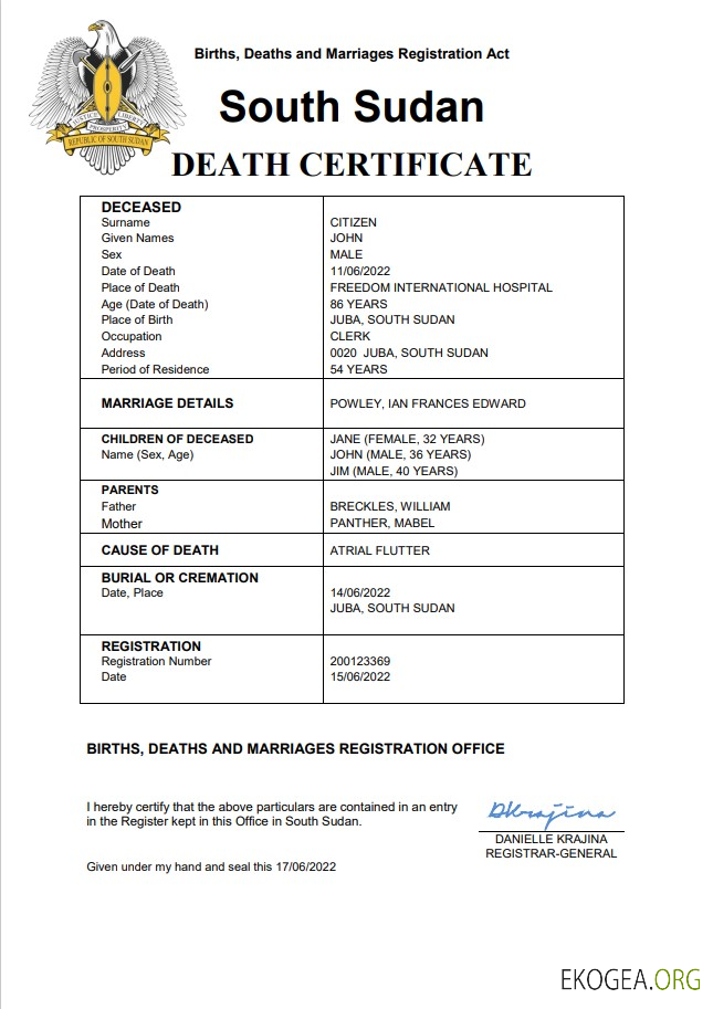 Modèle Word et PDF de certificat de décès d'état civil du Soudan du Sud